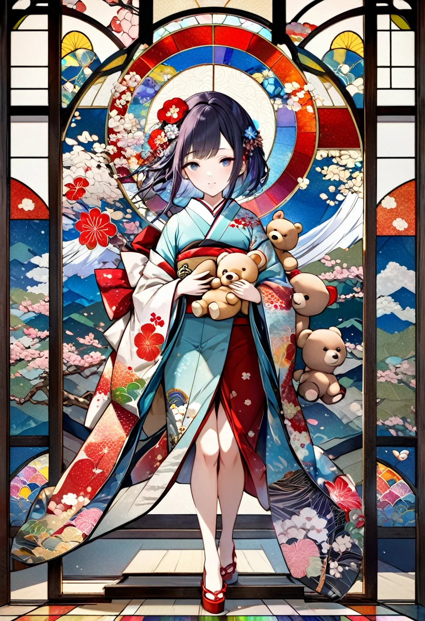 Ukiyo-e, Japanese painting, woodblock print, beautiful woman, wearing open colorful Japanese kimono, wariza, holding cute teddy bear, background stained glass, conceptual installation art, (ultra detailed, absolutely resolution, best quality:1.3), 2.5D, delicate and dynamic, artistic, hyper, graphic CG digital art
