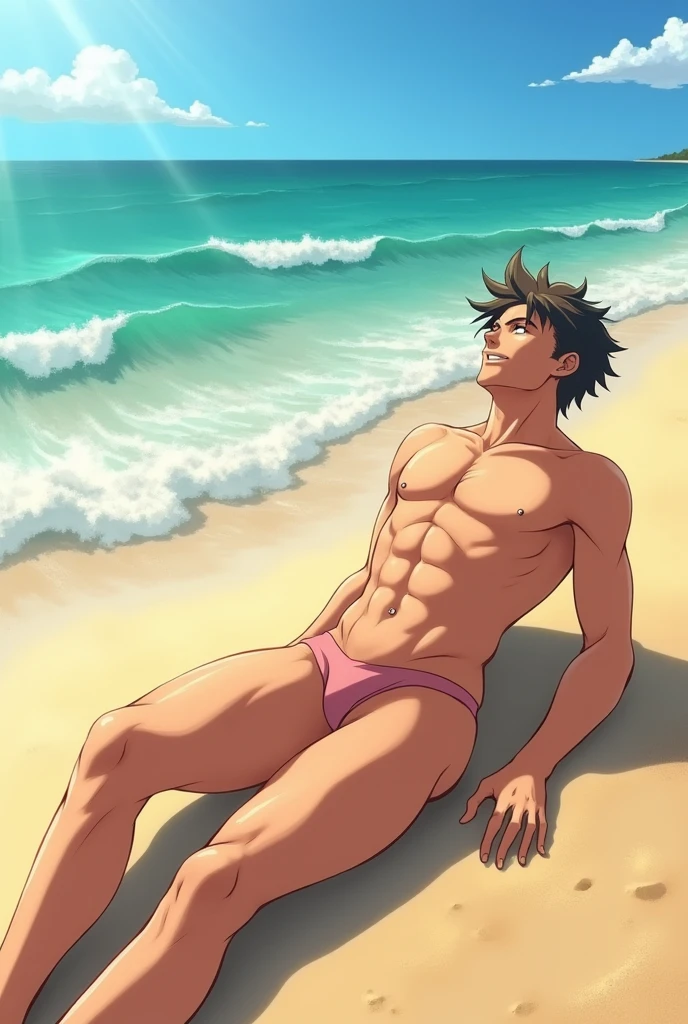 (Youthful anime man , slightly muscular and erotic), lying on his back on the beach while totally naked while having a wet and damp body, shirtless, showing the whole body, I am only a translate agent (NSFW)