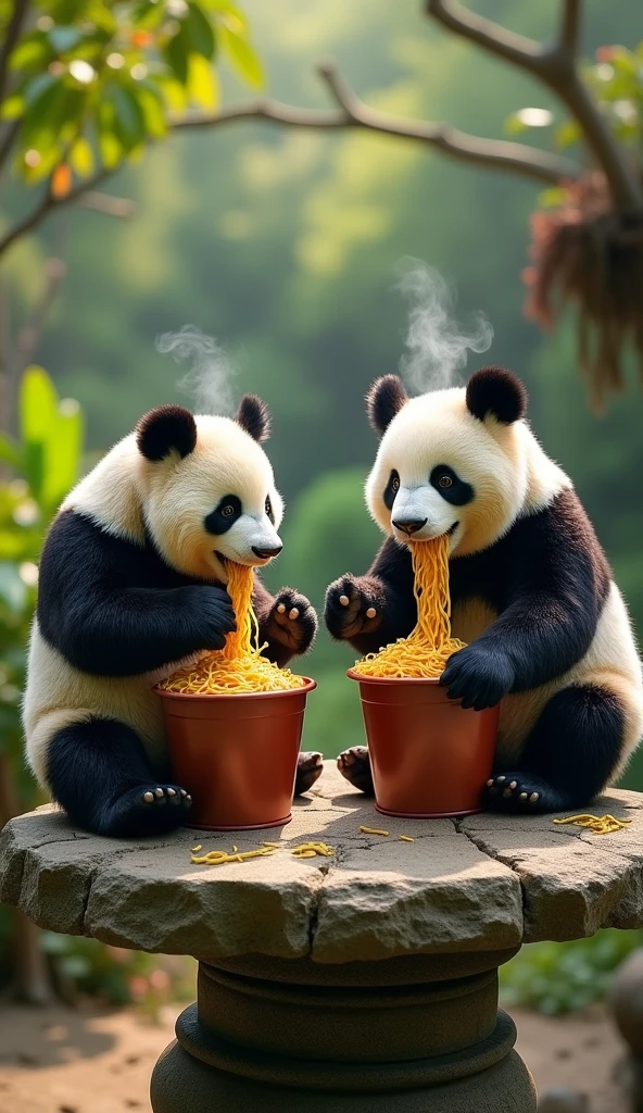 两只reality的大熊猫在户外的石头桌子上吃桶装泡面,Two buckets of instant noodles,photography,reality,high quality,reality感,Realistic style,Fine details,