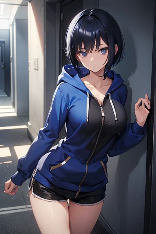 Blue hoodie、short hair、Zip-up、cool、Showing off her breasts、Put on the hood、Glare、Black Hair、Black shorts、Mysterious corridor、Pillar、The sunlight shines in、Big Breasts、((No bra))、Milk rush、Warm color background、Naked Hoodie