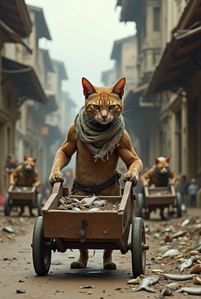 Here’s a revised prompt for your scene:

**Prompt:**

Create a realistic, full-body, ultra-detailed scene in 4K/8K resolution. In an old city undergoing construction, a poor, muscular cat in a dirty dress stands beside a cart, working hard with a happy expression. Despite the tough work, the cat is receiving praise or rewards from a boss. Nearby, other cats in wheelchairs and work attire are engaged in their tasks. The scene should capture the historical, gritty atmosphere of the old city, with elements such as aged buildings, construction equipment, and signs of urban life. The overall mood should convey a sense of accomplishment and camaraderie amidst the challenging environment.
