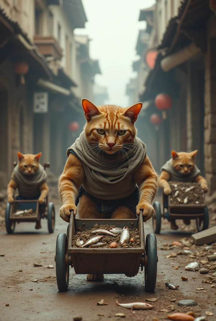 Here’s a detailed prompt for your scene:
**Prompt:**
Create a realistic, full-body, ultra-detailed scene in 4K/8K resolution. In an old city undergoing construction, a poor, muscular cat in a dirty dress stands laboriously holding a cart. The cat’s face is marked with sadness and exhaustion. Nearby, other cats in wheelchairs are working, and some are taking a break to eat fish. The scene should capture the gritty, historical atmosphere of the old city, with details such as aged buildings, construction equipment, and urban decay. The contrast between the cat’s hardship and the surrounding environment should evoke a poignant sense of struggle and resilience.