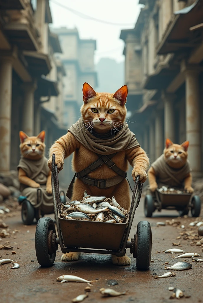 Here’s a detailed prompt for your scene:
**Prompt:**
Create a realistic, full-body, ultra-detailed scene in 4K/8K resolution. In an old city undergoing construction, a poor, muscular cat in a dirty dress stands laboriously holding a cart. The cat’s face is marked with sadness and exhaustion. Nearby, other cats in wheelchairs are working, and some are taking a break to eat fish. The scene should capture the gritty, historical atmosphere of the old city, with details such as aged buildings, construction equipment, and urban decay. The contrast between the cat’s hardship and the surrounding environment should evoke a poignant sense of struggle and resilience.