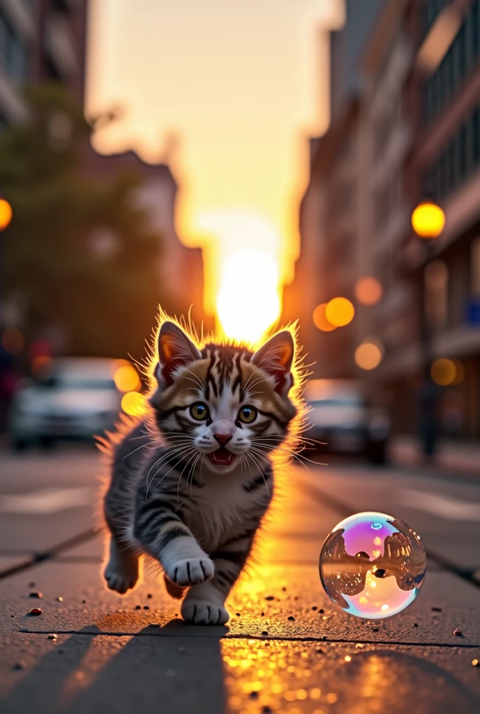 “Picture a bustling city street at dusk, bathed in the golden glow of the setting sun. The scene is alive with the energy of people hurrying home, cars moving in rhythm, and the hum of city life. Suddenly, the camera focuses on a small, mischievous kitten that has found its way onto the sidewalk. As the kitten explores its surroundings, it spots a soap bubble floating by, reflecting the city lights in its delicate surface. Intrigued, the kitten begins to chase the bubble, weaving through the leg