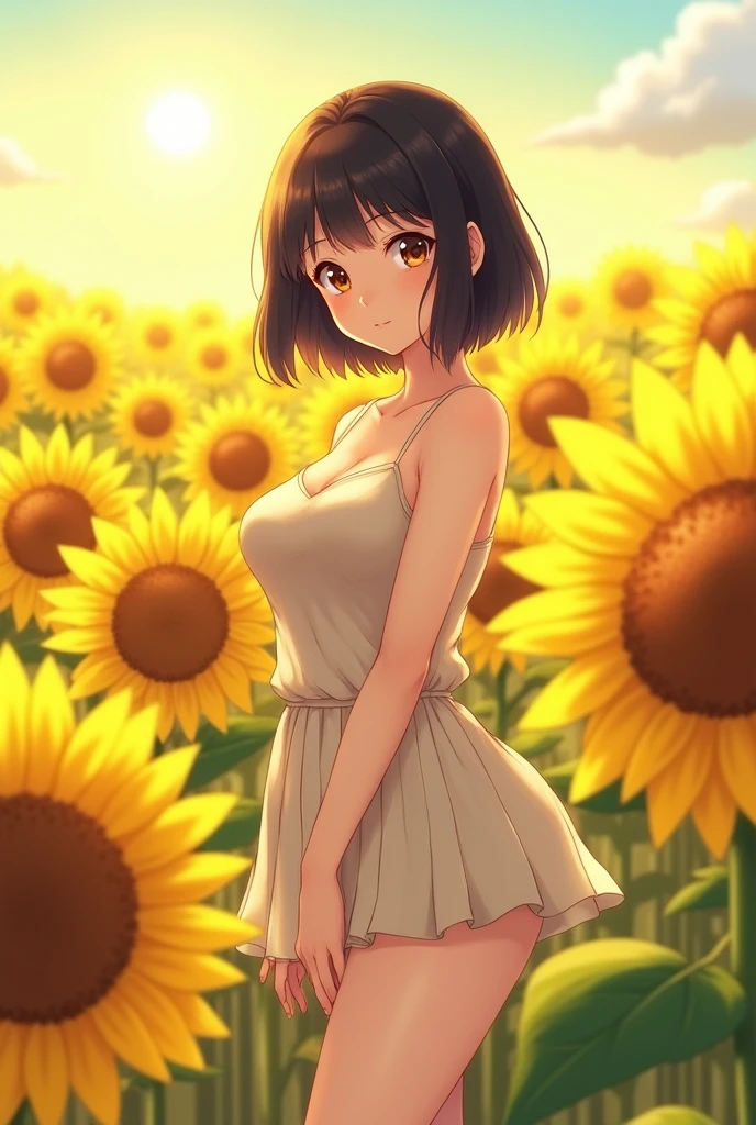 anime beautiful girl Cute Black Hair Short Hair slender Curvy C-cup Clear uniform Summer clothes The background is a sunflower field
