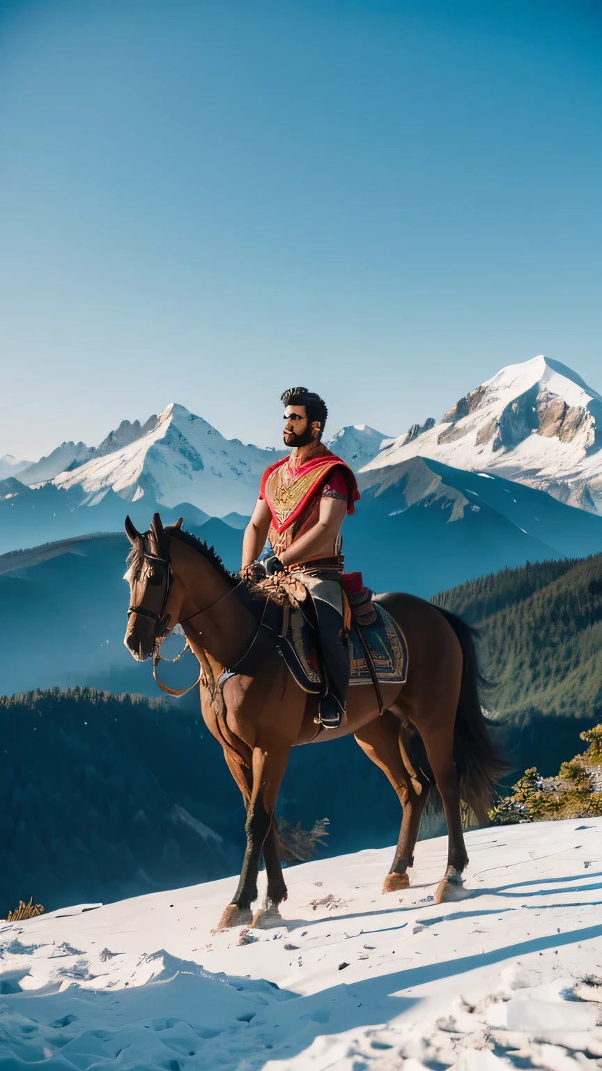 High quality photos of beautiful Arjun, stands at the peak of a towering mountain,