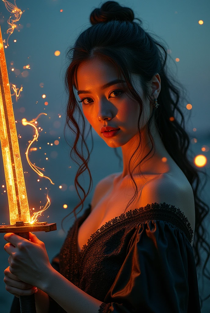 upperbody Photography of female swordman，atomically correct,Raw, cinematic shot, (sharp focus:1.5), (photorealistic:1.4), twilight lighting, volumetric lighting, ultra high res, 16K,dramatic lighting, abstract backgrounds：1.5），Glowing sword,(Fighting posture),Hold the hilt of a sword in your hand，1sword，solo，（zentangle，datura，Tangles，entangled：0.7） , depth of field, Fantastical Atmosphere, The most beautiful form of chaos, ellegance, Dark theme of Fauvist design, Flower of Death, Flowers of ecstasy，Glowing Line,Glow Example，Tracking example，flash， Backlight，translucent，light particles，jade，xianxia
