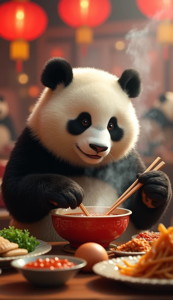 一只reality的大熊猫在中式hot pot店吃辣hot pot,中国hot pot,hot pot,A large pot sits on the dinner table,photography,reality,high quality,reality感,Realistic style,Fine details,