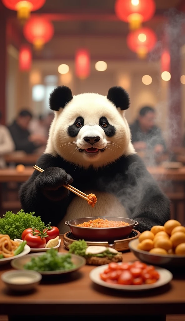 一只reality的大熊猫在中式hot pot店吃辣hot pot，中国hot pot，hot pot，A large pot sits on the dinner table，photography，reality，high quality，reality感，Realistic style，Fine details，
