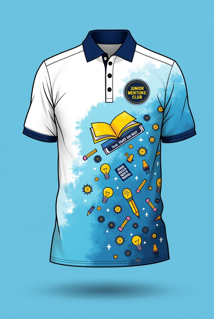 Generate a Polo shirt design for our club named "Junior mentors club" the color combination must be blue, white, black and yellow, make color blue and white dominant and add a good logo on the chest related to education and add the design of the back