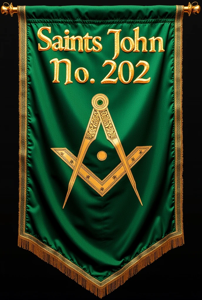 Banner with golden details for a Masonic lodge of green color with moire fabric containing at the top the name of the lodge with the writing in Latin language in gold letters: "Saints John" No. 202, Beneath the text of the name, there must necessarily be the design of two bars or side lines in a vertical position from left to right and in the middle of them a circle with a dot in the center