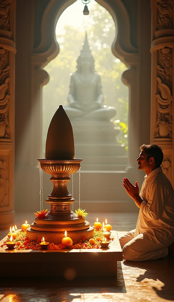 Create an image of a serene temple scene at dawn, where a devotee is seen worshiping a large, intricately carved Shiva Lingam in the center of the temple. The devotee is dressed in traditional white attire, sitting on their knees with folded hands and a calm expression, reflecting deep devotion. The Shiva Lingam is adorned with fresh flowers, a garland of white lotus, and a stream of sacred water gently flowing over it from a silver vessel above. Surrounding the Lingam, there are glowing oil lamps, their flames softly flickering, casting a warm, golden light. The background of the temple is filled with intricate carvings of Lord Shiva, depicting his cosmic dance (Nataraja) and his meditative form. The overall atmosphere is one of peace, purity, and spiritual reverence, with the first rays of the sun entering the temple, illuminating the devotee and the Shiva Lingam, symbolizing the attainment of peace and truth through devotion.