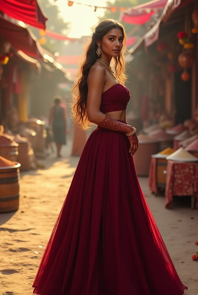 A beautiful young lady dark maroon plain lahenga, big boobs, big ass, round deep navel 