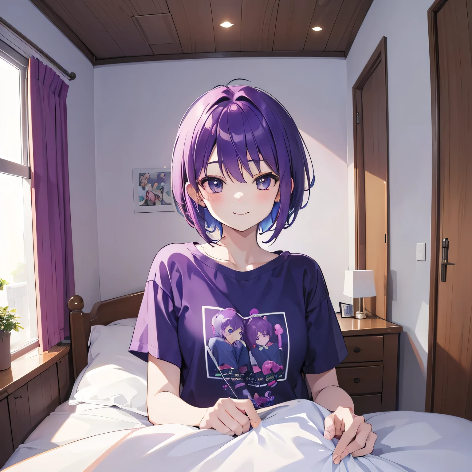 (T Masterpiece,4K wallpaper,Best Quality))、((1people))、(solo)、Bright and Brilliant,(Purple Hair)、(short hair:1.3)、smile、Bedroom、T-Shirts、morning