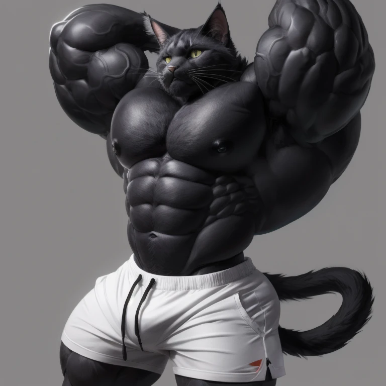 hyper growth, hyper muscles, furry growth, a cat, cute black cat, shirtless, wearing white shorts, muscular, on a gray background