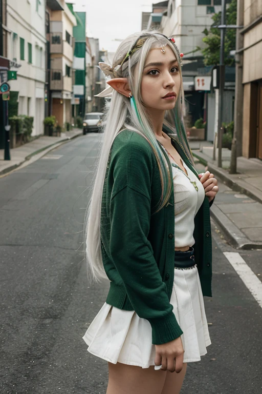 masterpiece , Best quality,Nahida(genshin influence) ,1 girl , ,long hair ,Side tail, hair ornament , White hair , green hair , hand behind head:1.5,multicolored hair, elf , pointed ears ,  , skirt ,cardigan,Road , street,I look at the audience