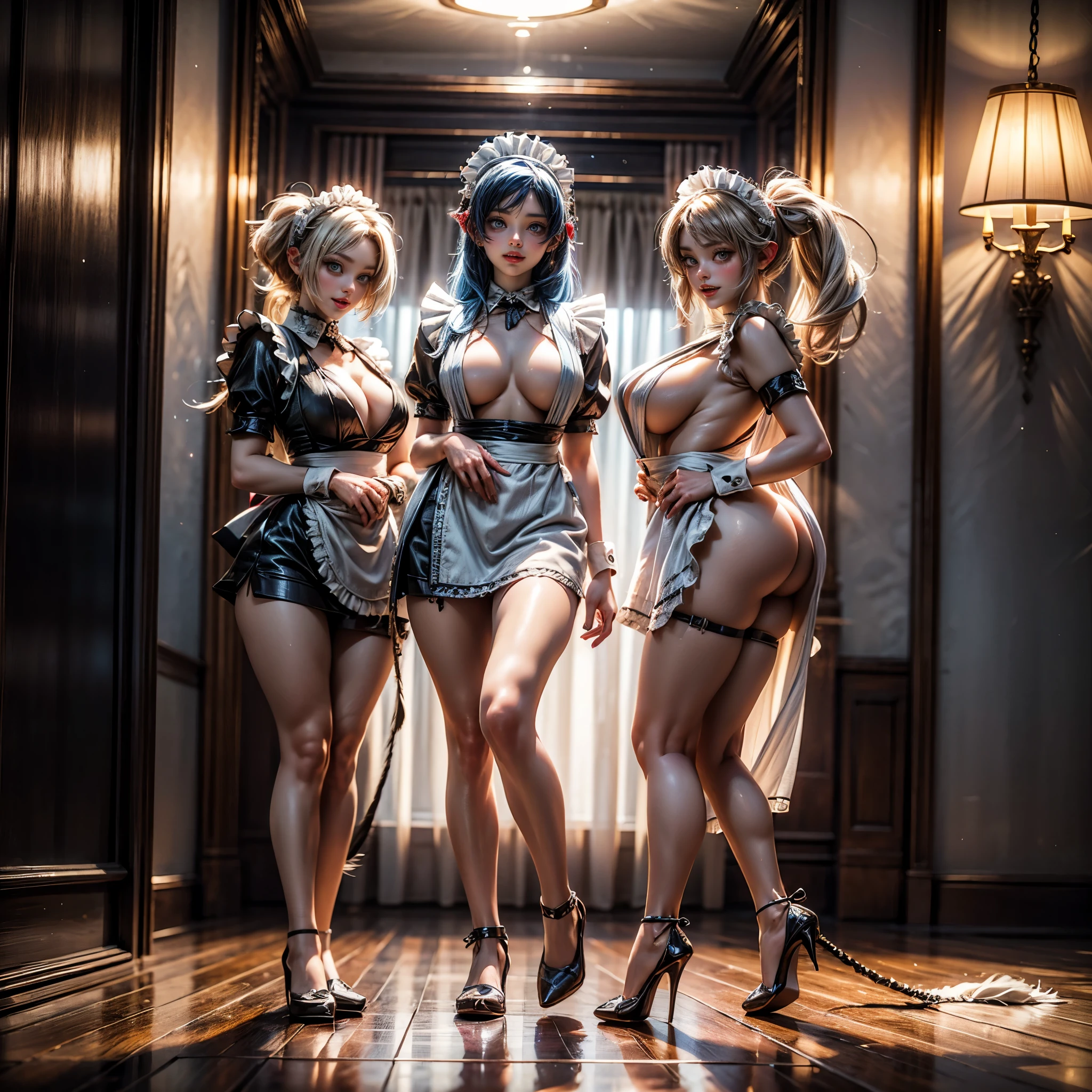 (Full Body of Extremely Detailed((Sexy Maid Group in a row:1.37))), KAWAII perfect face, Reflective Eyes, Detailed(Delicate Clothing textures), Correct Leg Line, Dynamic Joyful Expressions LifeLike Rendering, Specular Reflection, TopQuality 8K Ultra-detailed masterpiece (ProfessionalPhoto:1.37), (Acutance:0.8), (Luminism:1.28), (Renaissance art style), Colorful Light particles, ((Full body from side)), {Kissing|Thigh Gap|AssFocus|(NakedApron with Overflowing SideBoob)}, Radiant Fine Skin with Transparency, (Exposed:0.4), (Different types of Anime hair color){Pink Hair|Blue Hair|Platinum Blonde|Pure White Hair|Liquid Hair}, Perfect Lighting