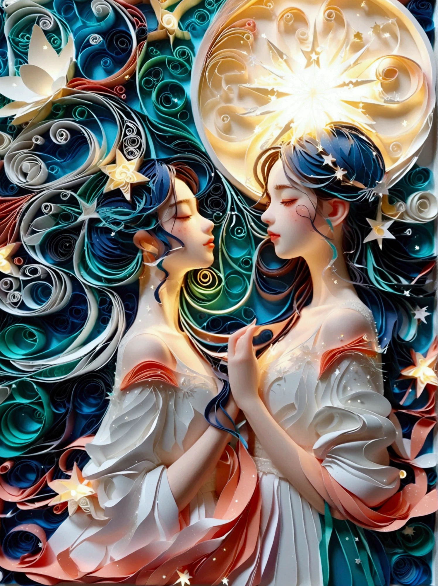 the moon and the north star and the starry sky made of paper quilling style multi dimensional, a girl in the center,a fluttering ribbon made of gradient colored diffracted paper,minimalist,zen, ethereal, hanging on a pure white wall, outstanding superb detail, high quality