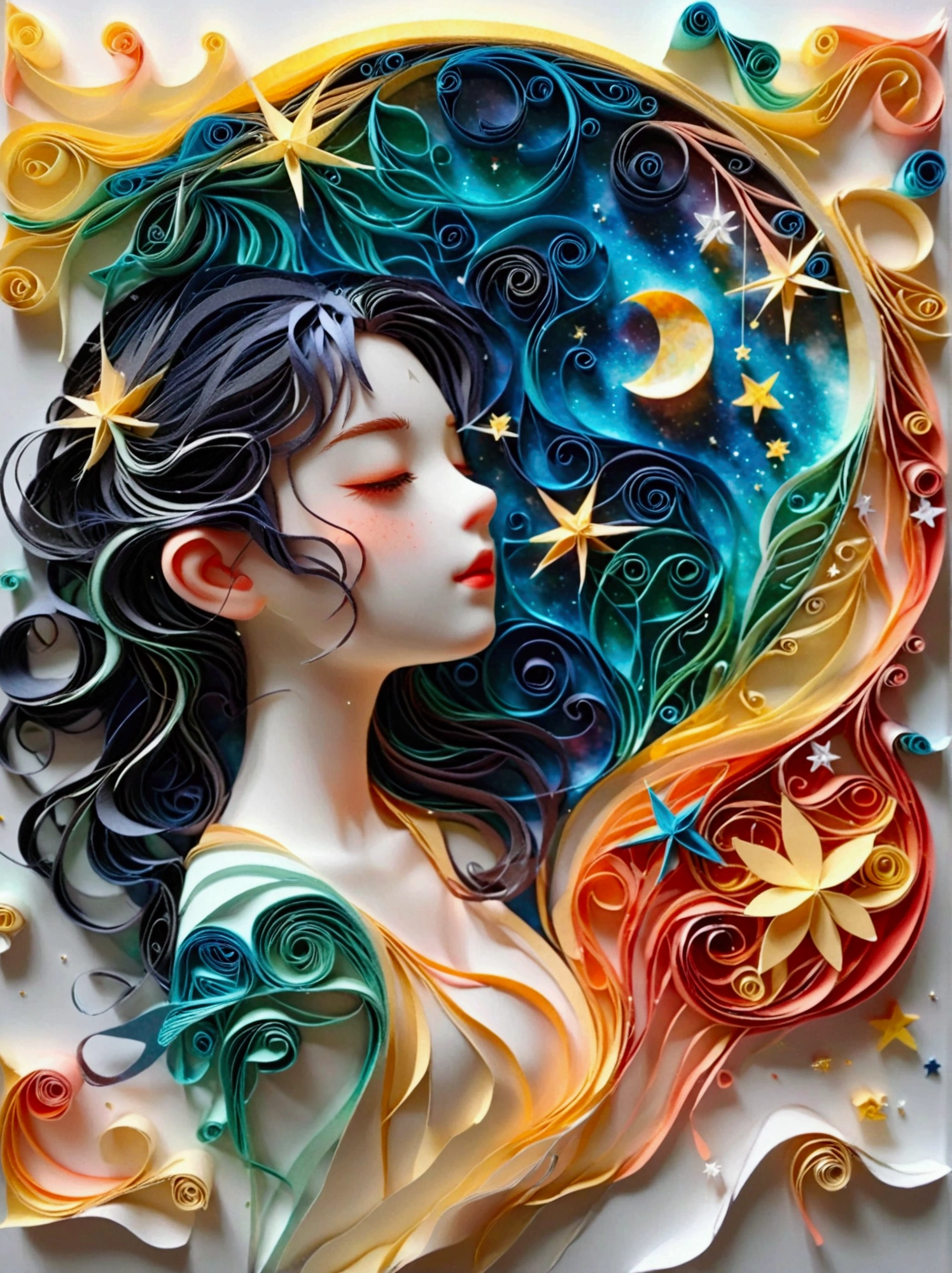 the moon and the north star and the starry sky made of paper quilling style multi dimensional, a girl in the center,a fluttering ribbon made of gradient colored diffracted paper,minimalist,zen, ethereal, hanging on a pure white wall, outstanding superb detail, high quality