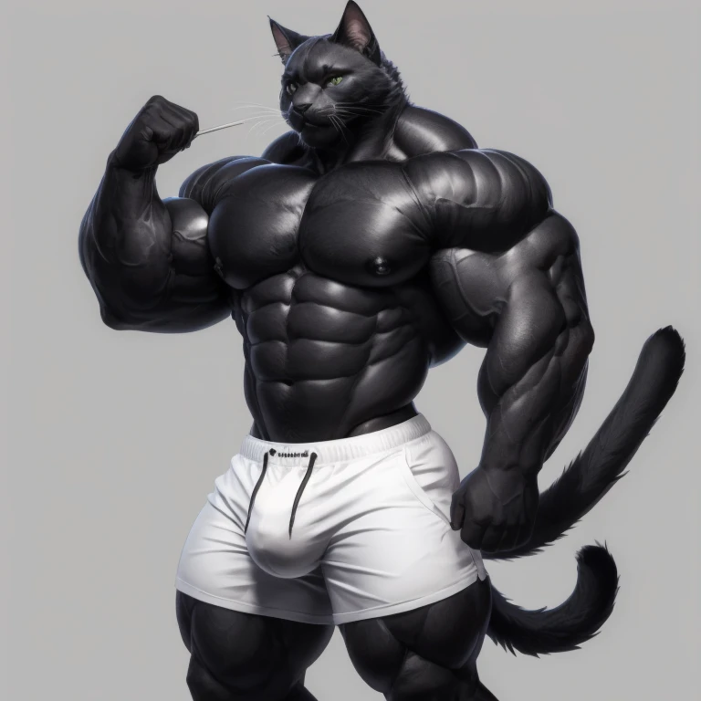 hyper growth, big Bulge, hyper muscles, furry growth, a cat, cute black cat, shirtless, wearing white shorts, muscular, on a gray background