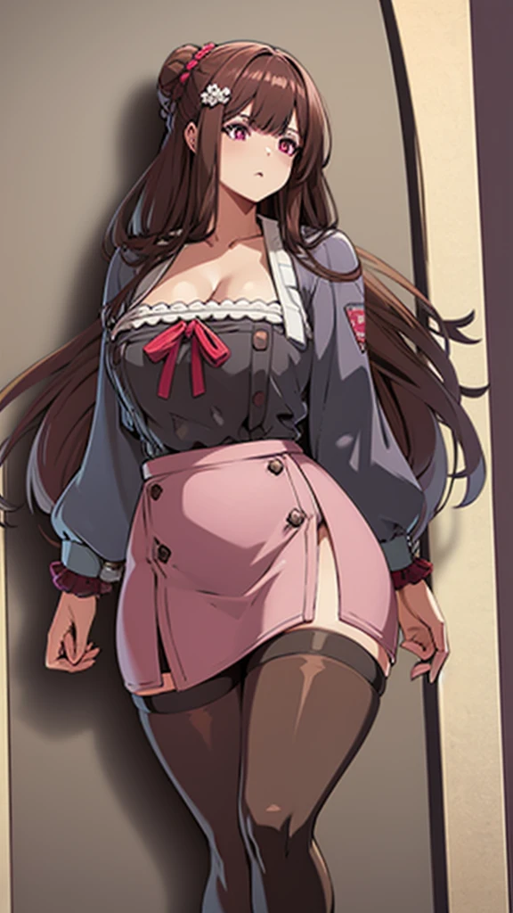 High detailed, 1 girl, solo,brown hair, hair ornament, hair scrunchie, long hair, pink scrunchie, scrunchie, ,purple eyes, big busty, firm curvy body, burgundy shirt, , deep cleavage, Juliet sleeves, pencil skirt, black thighhighs, red gloves