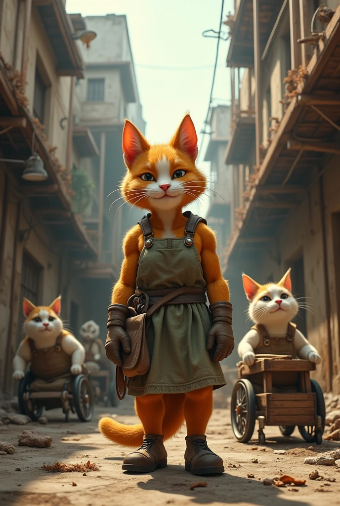 Here’s a revised prompt for your scene:
**Prompt:**
Create a realistic, full-body, ultra-detailed scene in 4K/8K resolution. In an old city undergoing construction, a poor, muscular cat in a dirty dress stands beside a cart, working hard with a happy expression. Despite the tough work, the cat is receiving praise or rewards from a boss. Nearby, other cats in wheelchairs and work attire are engaged in their tasks. The scene should capture the historical, gritty atmosphere of the old city, with elements such as aged buildings, construction equipment, and signs of urban life. The overall mood should convey a sense of accomplishment and camaraderie amidst the challenging environment.