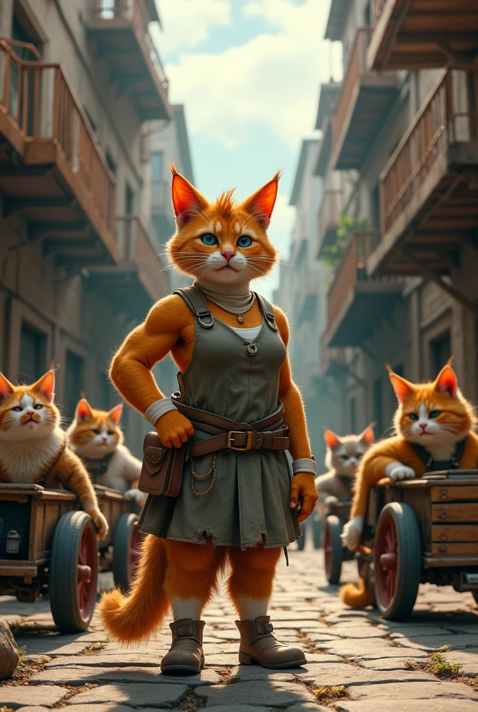 Here’s a revised prompt for your scene:
**Prompt:**
Create a realistic, full-body, ultra-detailed scene in 4K/8K resolution. In an old city undergoing construction, a poor, muscular cat in a dirty dress stands beside a cart, working hard with a happy expression. Despite the tough work, the cat is receiving praise or rewards from a boss. Nearby, other cats in wheelchairs and work attire are engaged in their tasks. The scene should capture the historical, gritty atmosphere of the old city, with elements such as aged buildings, construction equipment, and signs of urban life. The overall mood should convey a sense of accomplishment and camaraderie amidst the challenging environment.