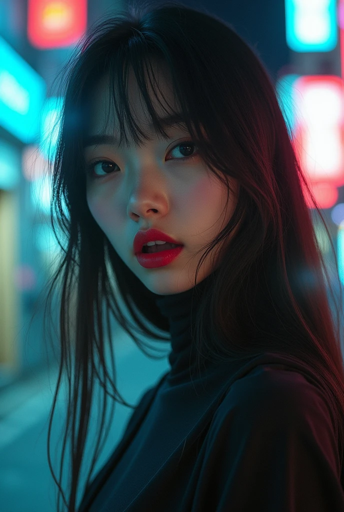 editorial photography,super detailed background,Super realistic,double exposure,depth of field,cool beauty super skinny vides,soft focus night tone,narrative scene,geometric city,open Crimson lips,Wabi-Sabi,narrow eyes,uneven rubber dress,portrait,super long straight hairstyle,