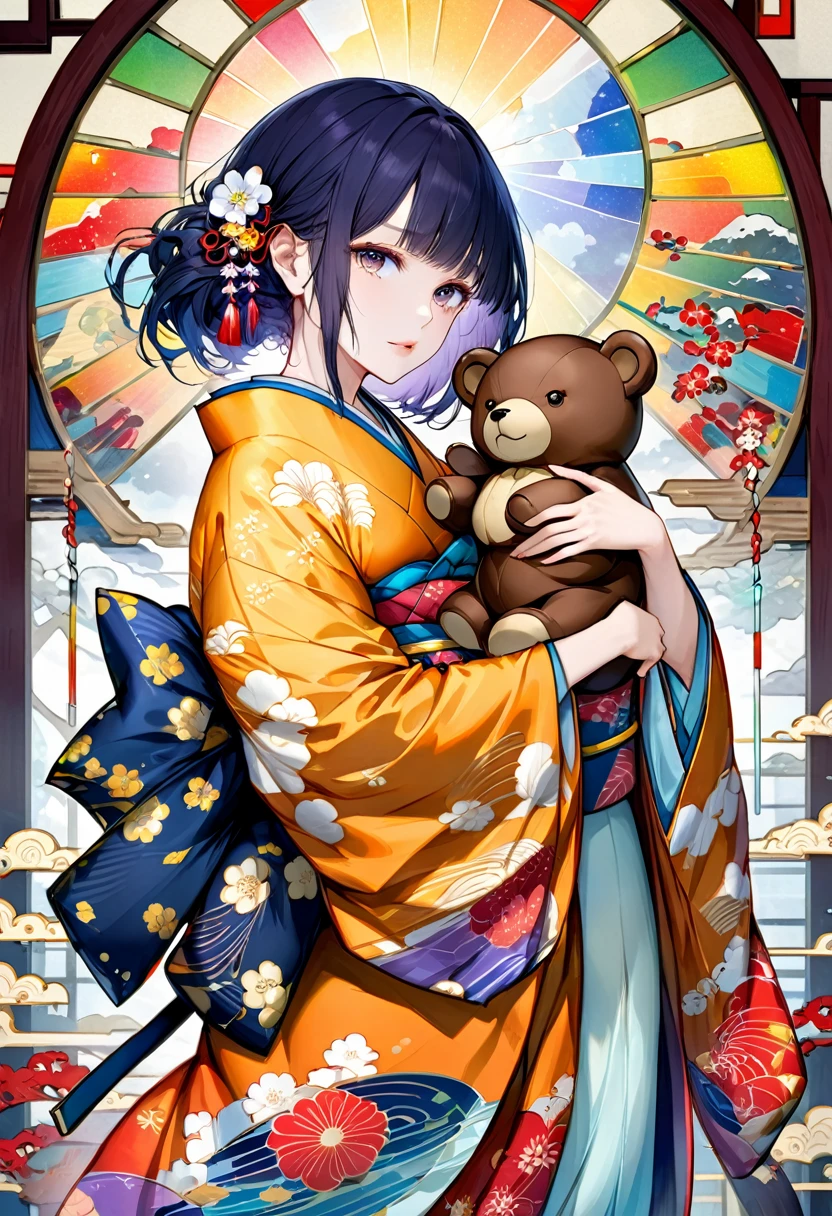 Ukiyo-e, Japanese painting, woodblock print, beautiful woman, wearing open colorful Japanese kimono, wariza, holding cute teddy bear, background stained glass, conceptual installation art, (ultra detailed, absolutely resolution, best quality:1.3), 2.5D, delicate and dynamic, artistic, hyper, graphic CG digital art