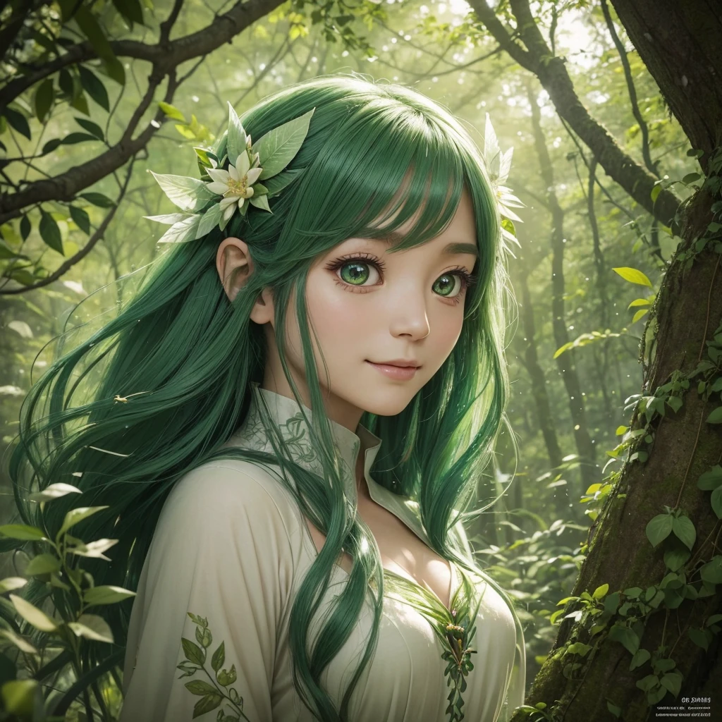 髪はショートヘア、"A Leaf Fairy, a mystical creature connected deeply with nature and the wind. She has flowing green hair, delicate wings resembling leaves and flowers, and eyes that exude the vitality of nature. Though she appears to be in her early 20s, her true age is unknown, adding to her enigmatic aura. She is dressed in modest, plant-based clothing that emphasizes her close bond with the earth. Her expression is always gentle and calm, with a motherly smile that radiates warmth and serenity. New Leaf Fairies emerge from the ancient trees and fertile ground within lush forests, continuing the cycle of life in harmony with the natural world."