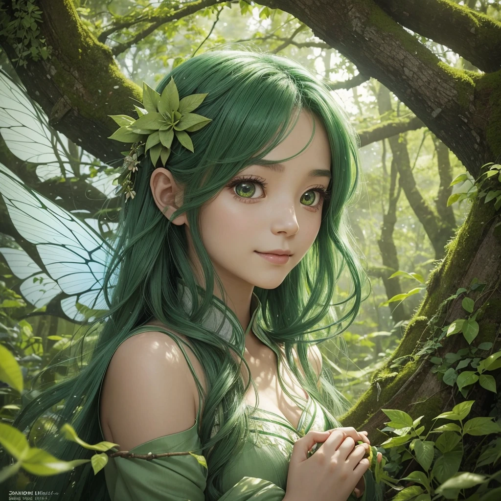 髪はショートヘア、"A Leaf Fairy, a mystical creature connected deeply with nature and the wind. She has flowing green hair, delicate wings resembling leaves and flowers, and eyes that exude the vitality of nature. Though she appears to be in her early 20s, her true age is unknown, adding to her enigmatic aura. She is dressed in modest, plant-based clothing that emphasizes her close bond with the earth. Her expression is always gentle and calm, with a motherly smile that radiates warmth and serenity. New Leaf Fairies emerge from the ancient trees and fertile ground within lush forests, continuing the cycle of life in harmony with the natural world."