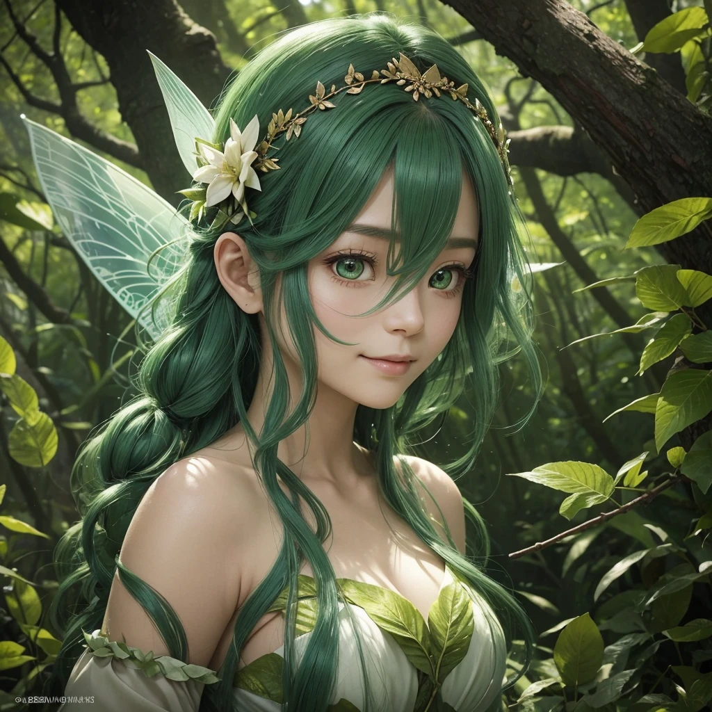 髪はショートヘア、"A Leaf Fairy, a mystical creature connected deeply with nature and the wind. She has flowing green hair, delicate wings resembling leaves and flowers, and eyes that exude the vitality of nature. Though she appears to be in her early 20s, her true age is unknown, adding to her enigmatic aura. She is dressed in modest, plant-based clothing that emphasizes her close bond with the earth. Her expression is always gentle and calm, with a motherly smile that radiates warmth and serenity. New Leaf Fairies emerge from the ancient trees and fertile ground within lush forests, continuing the cycle of life in harmony with the natural world."