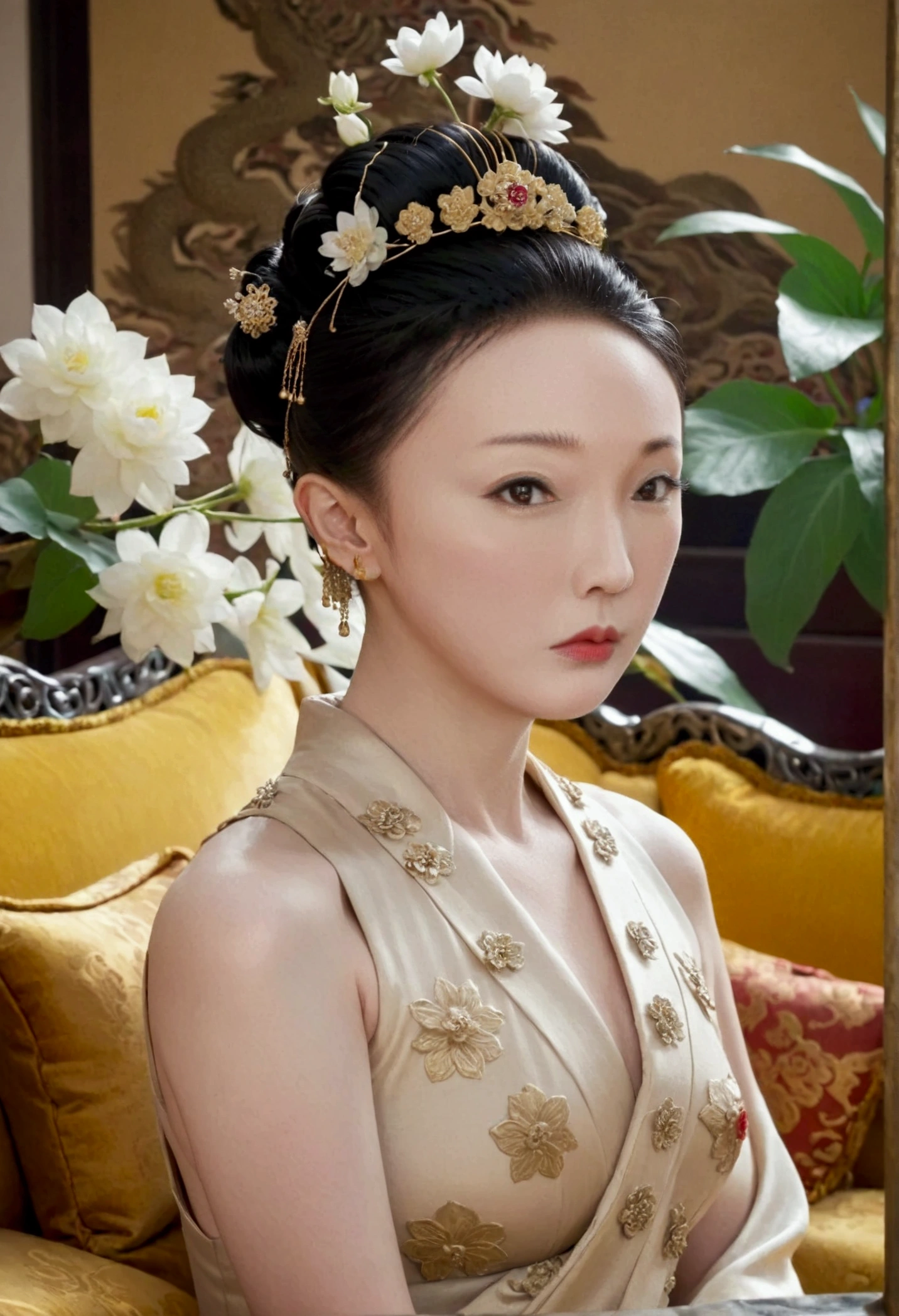 Nude figure of a 29 year old Qing Dynasty woman with a slightly plump face. She sits naked on a large golden couch, looking straight ahead. Her breasts are large, her hair is tightly tied up, and she wears a hairpin and flowers. The background and location is the Empress of China. The story takes place in the luxurious room of an empress in the Chinese court during the Qing Dynasty.