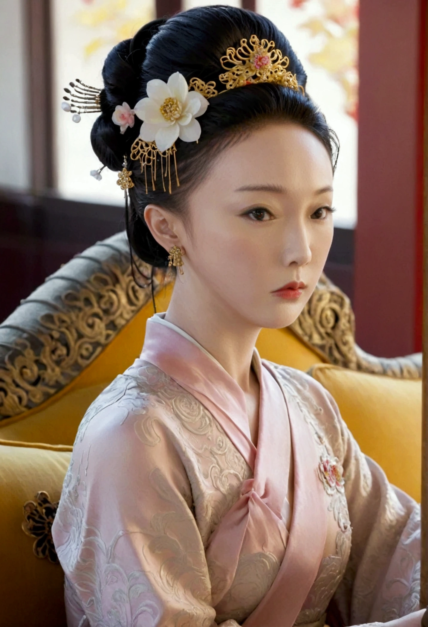 Nude figure of a 29 year old Qing Dynasty woman with a slightly plump face. She sits naked on a large golden couch, looking straight ahead. Her breasts are large, her hair is tightly tied up, and she wears a hairpin and flowers. The background and location is the Empress of China. The story takes place in the luxurious room of an empress in the Chinese court during the Qing Dynasty.