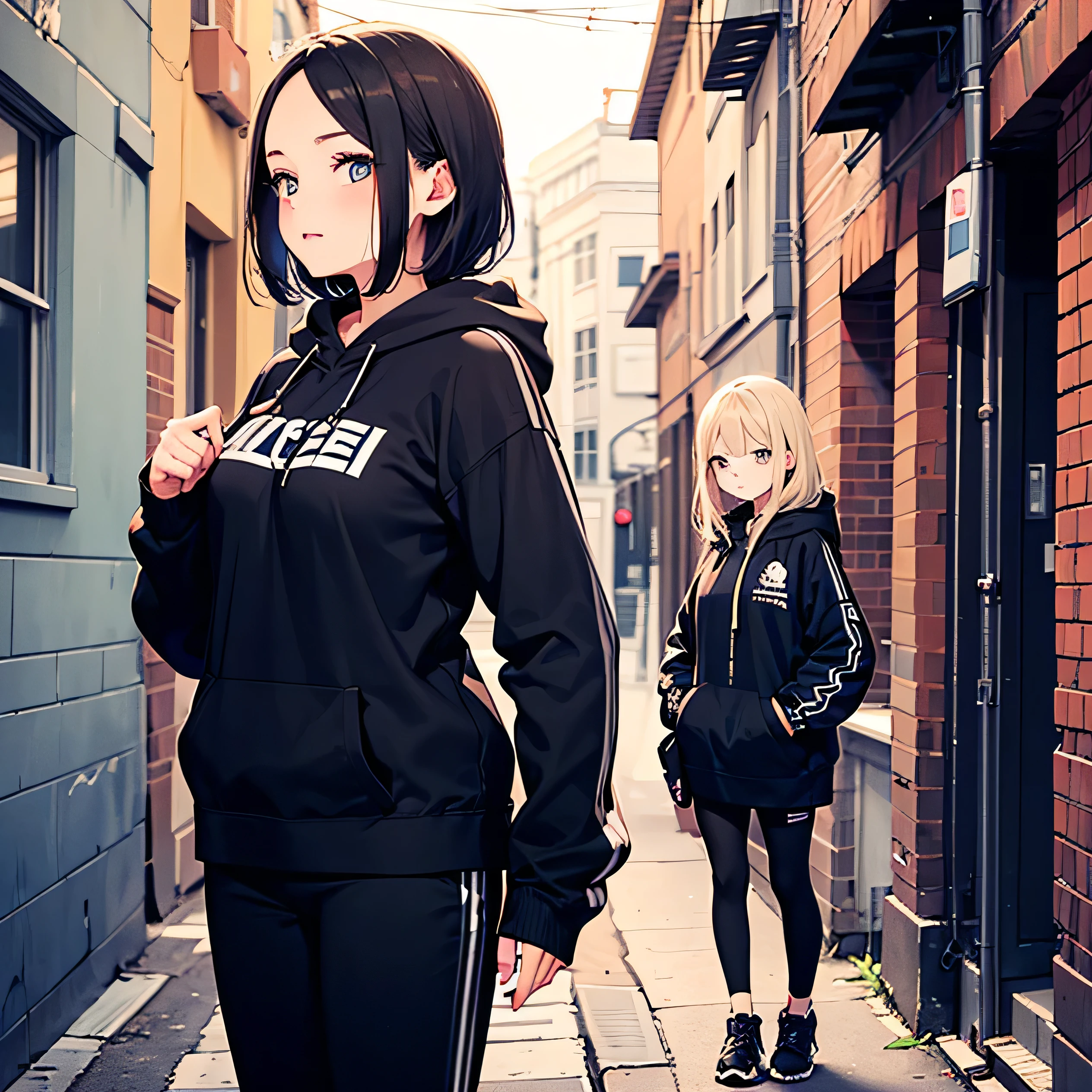 ((1 woman:1)),((beautiful eyelashes:1)), ((representative:1)), ((Front view:1)),((Wearing a techwear hoodie:1)),((Cyberworld:1)),((standing in the alley:1))