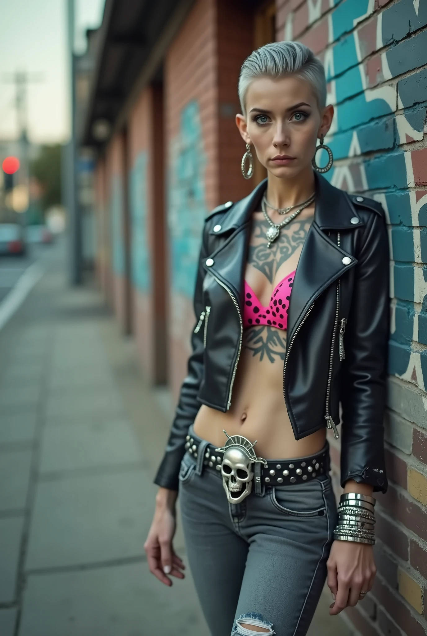 russian old milf woman, biker gang member, short grey combed back with a lot of hair gel, with very light blue eyes, extremely pale, heavy eye shadows. Thin. Sad, humbled face, smeared excessive make up and smeared excessive dark red lipstick Wearing cropped black moto jacket, neon pink leopard print bra, skinny black jeans and white tennis sneakers. Lots of metallic bracelets. Visible thong straps .Big pentacle pendant. Tacky wide belt with massive skull and bones buckle . Demonic tattoos, on belly too. Piercing in belly button. Lots of rings and ethnic bracelets. Wide loop earrings. Looks at the camera with pouty expression. Hands in pockets. Toned six pack abs, long neck, thin arms and legs. Shoulders leaning on wall, separated legs