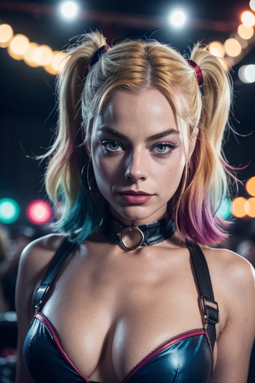 Portrait of Margot Robbie as a clown at a crowded party, in a closed black and red clown costume, Harley Quinn Style, Her face is lit up with neon lights, looks like Harley Quinn, purple, It stands, model shooting style (чрезвычайно подробные обои CG Unity 8k), Full-frame photograph of the world's most beautiful work of art, professional, trending on artstation, trending cgsociety, difficult, very detailed, clear focus, dramatic, photorealistic painting by Midjorney and Greg Rutkowski