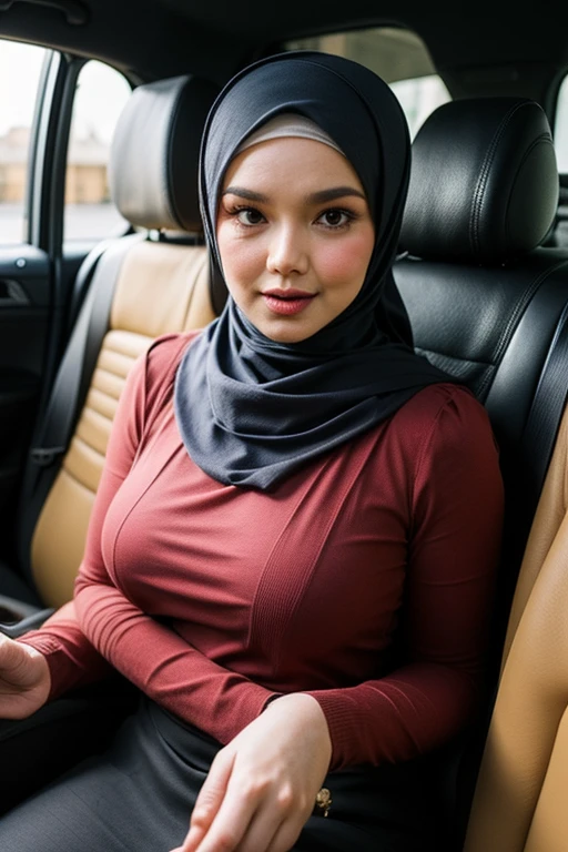 1 lady, 20 years old, best body, wearing lilac hijab, hijab covers whole hair, wearing lilac sweater, off shoulder, bra strap visible, warm lighting , sitting in car, seat belt, night time, casual wear, close shot, shot from high angle, wearing big necklace, shiny skin, big breast (huge breast 1.6), selfie style