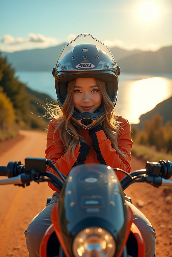 very beautiful Japanese idol, about to ride a off-road motorcycle at scenic dirt road, amazing view of mountain and sea with island, shining sun, dramatic scene, masterpiece, clear helmet visor, beautiful eyes, KTM off-road bike, Shoei helmet, (wearing off-road rider's outfits), (face focus:1.3)