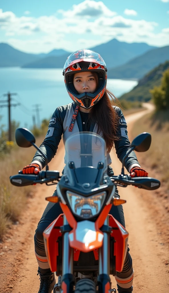 very beautiful Japanese idol, about to ride a off-road motorcycle at scenic dirt road, amazing view of mountain and sea with island, shining sun, dramatic scene, masterpiece, clear helmet visor, beautiful eyes, KTM off-road bike, Shoei helmet, (wearing off-road rider's outfits), (face focus:1.3)