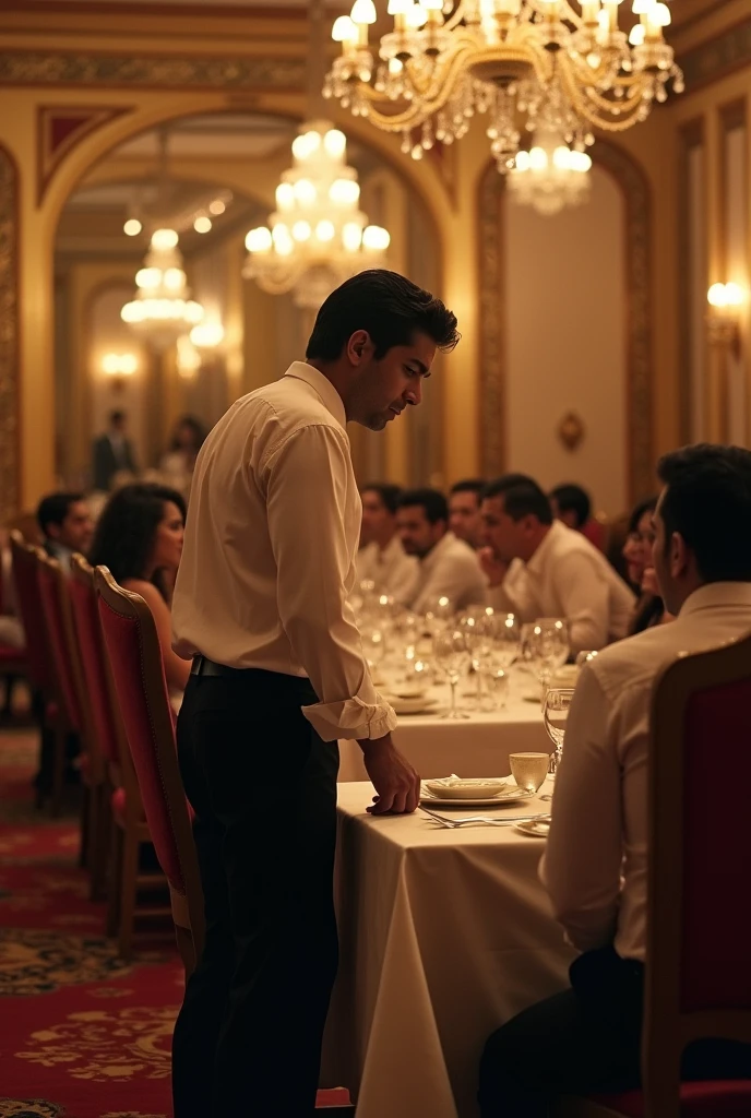 A helpless weak waiter is slaped and humiliated by a rich person. Indian