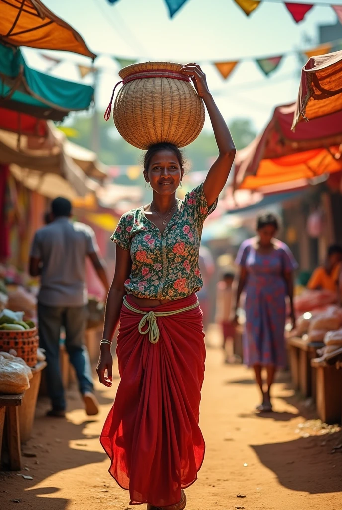 sri lankan mother go to fair with a big bag on her head and she wears a blouse and long skirt and age about 50