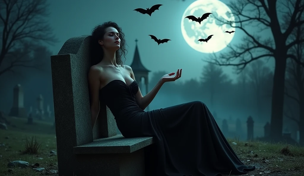 Seductive Vampire Lure: A captivating female vampire reclining on a stone bench in a moonlit graveyard, her dark gown flowing like liquid shadows around her. Her eyes are a piercing red, filled with both longing and menace. Her hand reaches out invitingly, her lips slightly parted to reveal sharp fangs, as bats circle above her in the pale light.