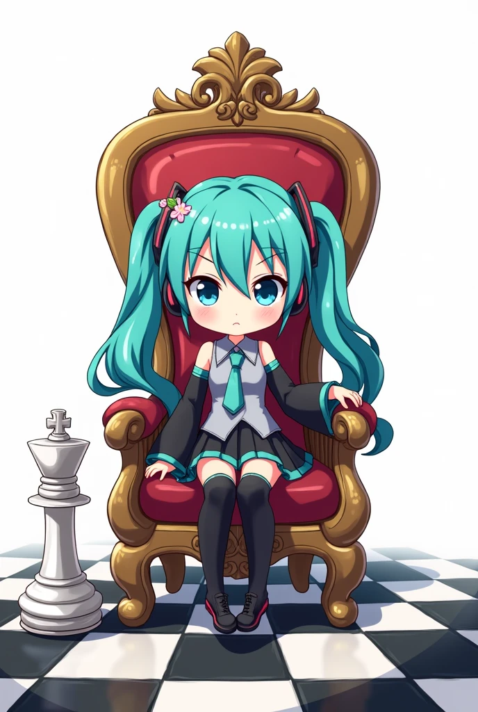 anime_art, anime_style, detailed_drawing, white_background, one_girl, high definition, high quality, straight_twintails, detached_sleeves, necktie, skirt, aqua_hair, transparent_background, aqua_eyes, zettai_ryouiki, full_body, grey_shirt, sleeves_shirt, collared_shirt, pleated_skirt, black_skirt, closed_mouth, boots, wearing_a_crown, headphones, hair_ornament, five_fingers, holding_a_long_Sceptre, she_sits_on_the_throne, the_throne_is_set_on_a_chessboard, on_the_right_there_is_white_king_chess_(cross_on_top_of_it), Hatsune_miku_chibi_size