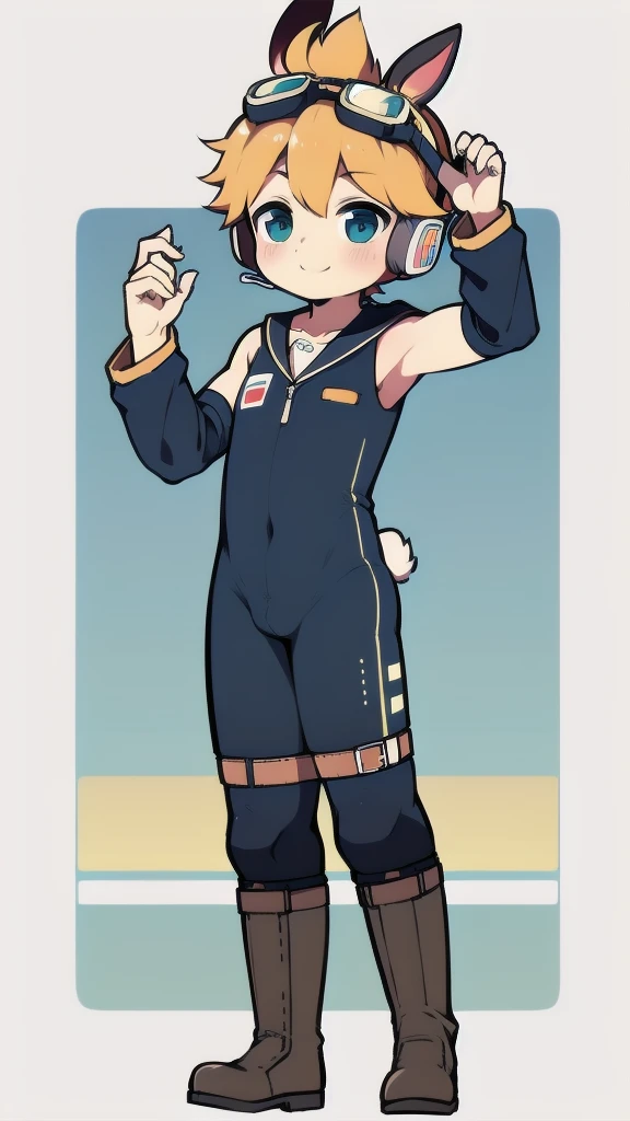 2D Boy Shota,One-piece suit,Slim, healthy body,Put the headphones on your head,stand up,goggles,Rabbit ears,Happy,Sailor collar,boots,charming,Akimbo