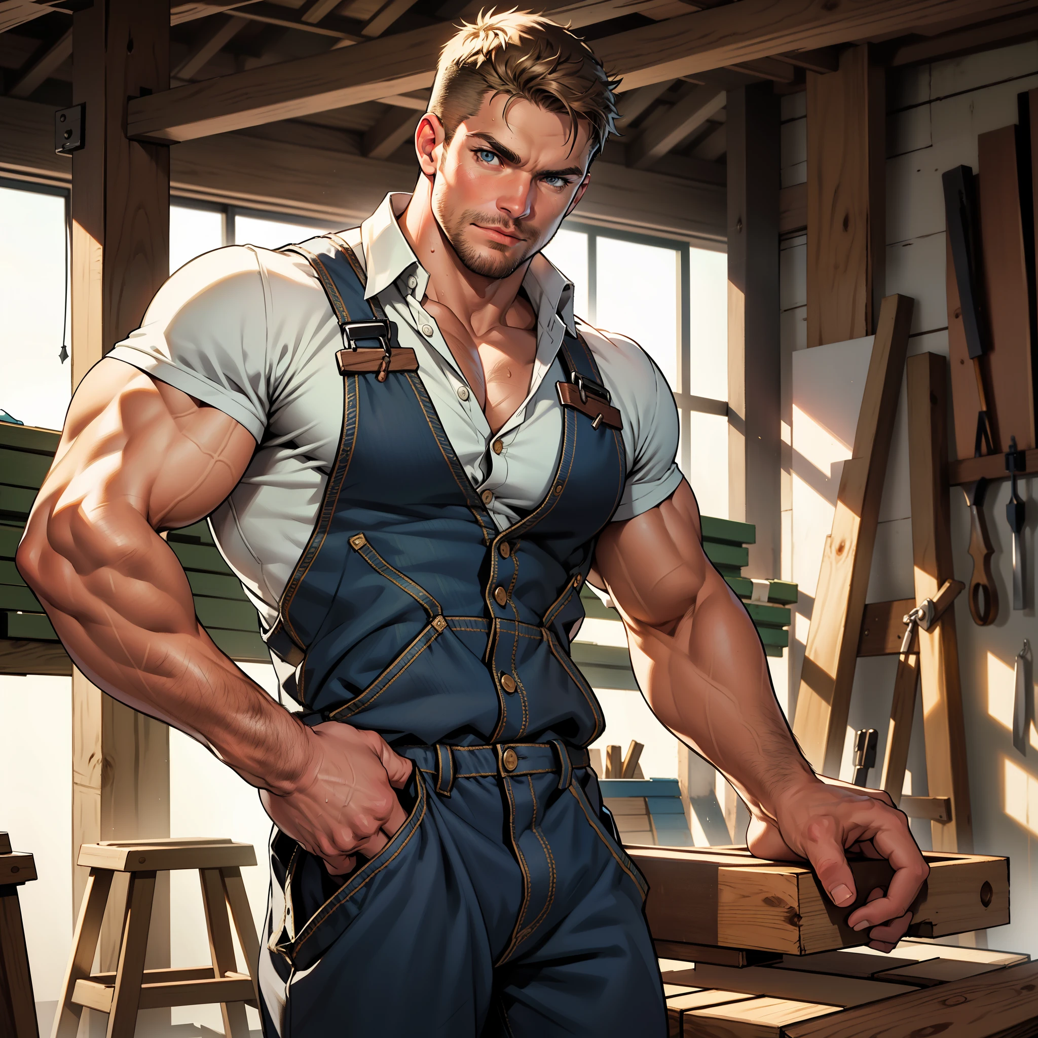 masterpiece, best quality, face, natural eyes, 1man, macho man,, muscled and mature, stephen amell as a carpenter wearing totally unbuttoned overall, sweating, tight cloth showing his muscles and bulge , full body , background wood workshop , woodwork of chairs  , tools , wood parts , volumetric dynamic bright  light .....