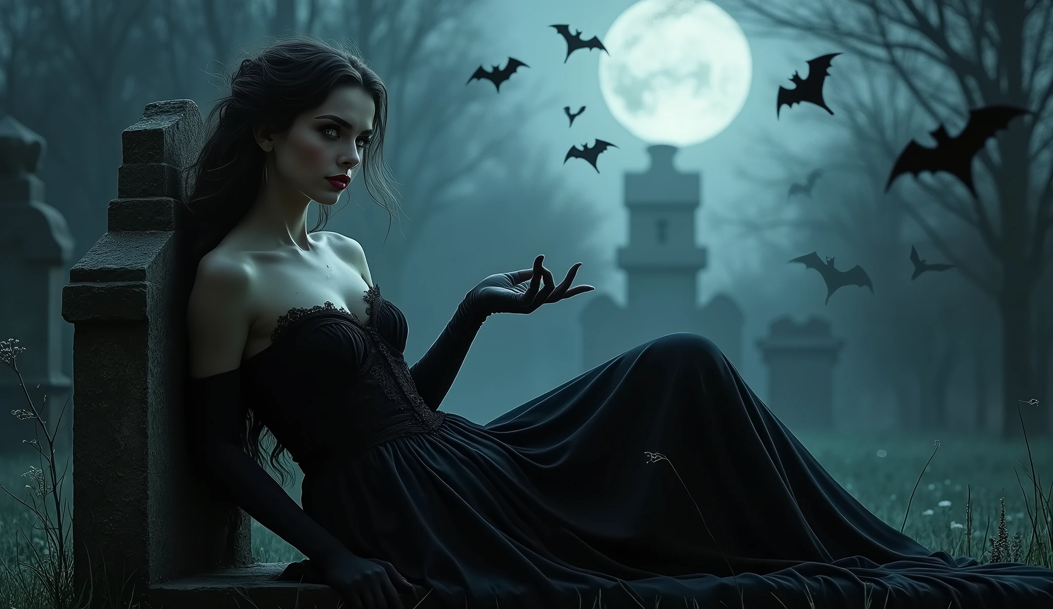 Seductive Vampire Lure: A captivating female vampire reclining on a stone bench in a moonlit graveyard, her dark gown flowing like liquid shadows around her. Her eyes are a piercing red, filled with both longing and menace. Her hand reaches out invitingly, her lips slightly parted to reveal sharp fangs, as bats circle above her in the pale light.