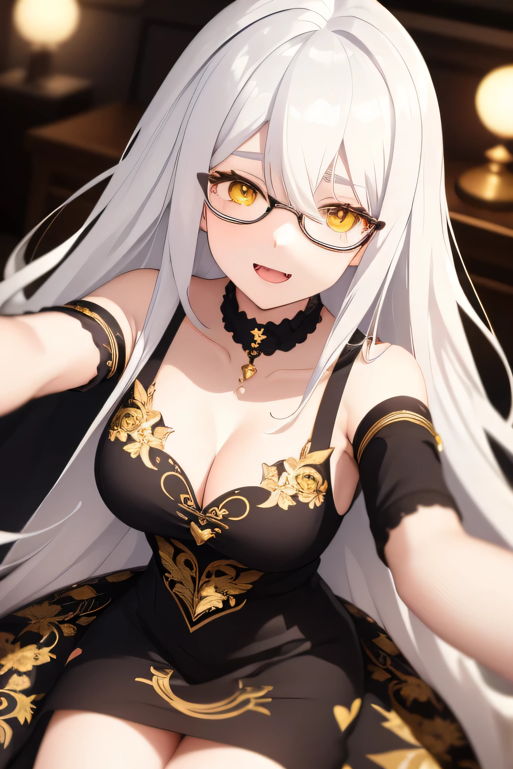 best quality,best resolution,(young :1.6),(white hair :1.6),long hair,wavy hair,yellow eyes,glistering eyes,sparkle eyes,ultra detailed eyes,(black dress with gold floral embroidery),batwings,heartshaped tail,2 horns,heart collar,glasses,floral hair ornaments,gold bracelets,gorgeous bedroom stars surrounded,romantic light,full face blush,looking at viewer,heart expression eyes,heart eyes,seductive face,smile,open mouth,fangs,close up,face to face,two hands selfie,solo
