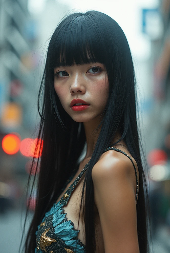 editorial photography,super detailed background,Super realistic,double exposure,depth of field,cool beauty super skinny vides,soft focus day tone,narrative scene,geometric city,open Crimson lips,Wabi-Sabi,narrow eyes,three-dimensional uneven pattern uneven rubber dress,portrait,super long straight hairstyle,