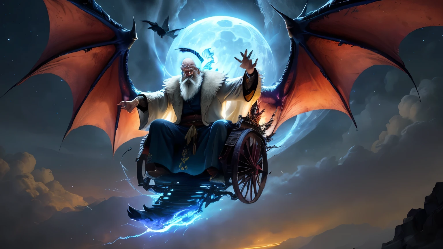Walter Wastpepper:1.2), (Best quality at best), Detailed pubic hair, hyper HD, Movie Lighting, Focus sharp, (illustratio:1.1),An old white-haired and white-bearded sorcerer, dressed in dark, flowing robes, (flies through the night sky). He sits on a mystical, glowing chariot, pulled by two enormous, fearsome dragons with powerful wings and glowing eyes. The sorcerer holds the reins tightly, his eyes burning with magical energy, as the dragons soar through dark clouds illuminated by the moonlight (detailed face)